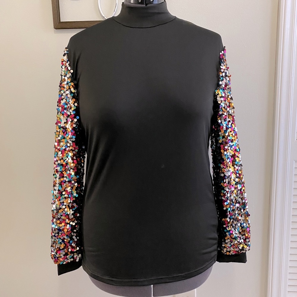 Amazon blouse with sequin sleeves
